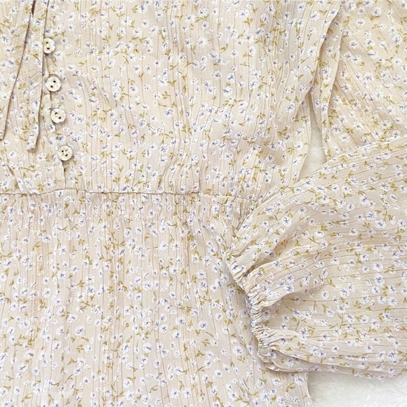 O.P.T Dress Floral Tiered Midi Neutral Chiffon Beige Gold Prairie Dress - Picture 7 of 12